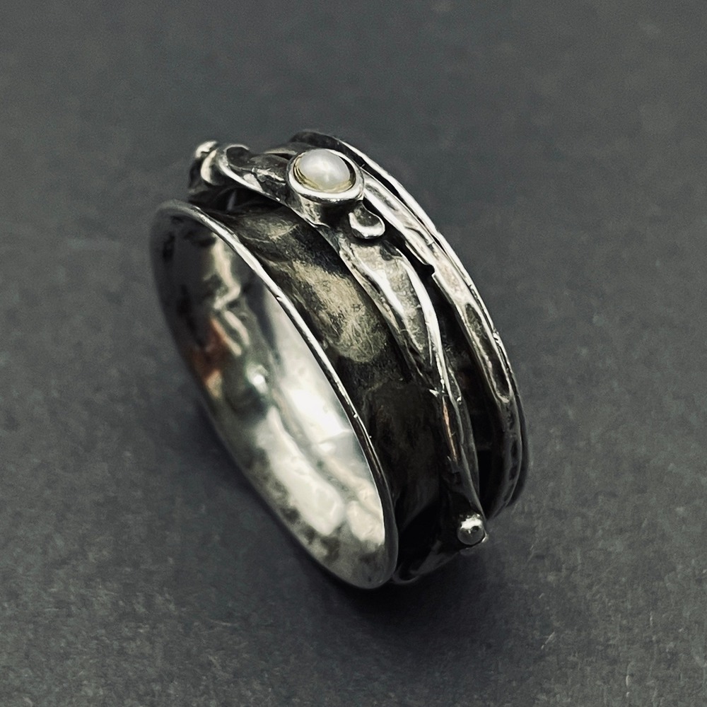 Sterling‎ Silver Porans Artisan Pearl Spinner Ring 7 Unisex Made in Isreal